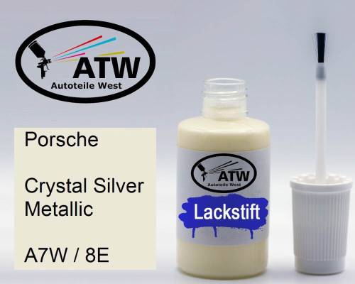 Porsche, Crystal Silver Metallic, A7W / 8E: 20ml Lackstift, von ATW Autoteile West.